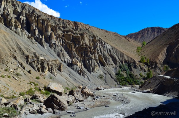 Wind-eroded formations in a narrower section of the Spiti Valley ahead