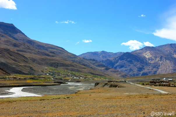 Approaching the uppermost inhabited region of the main Spiti Valley. Visible in the frame are villages of Chichong and Losar