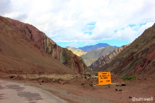 An amusing BRO cautionary board in the red Gya Gorge ahead of Lato