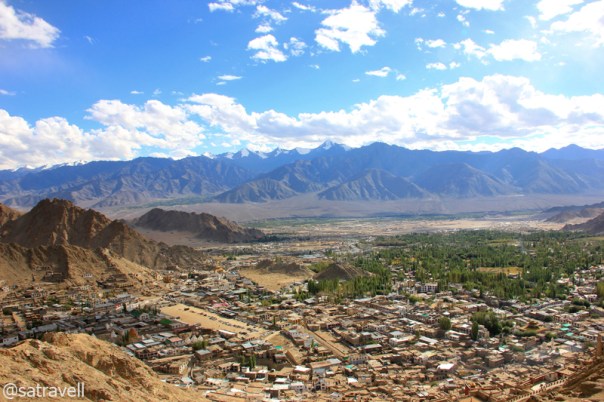 A panoramic view of Leh town with the Stok Range in the backdrop