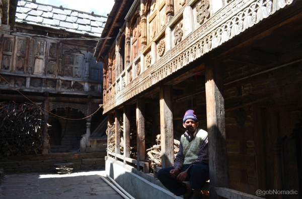 The courtyard of a traditionally kept house at Kamru. Notice the woodwork which is largely practiced in Kinnaur.