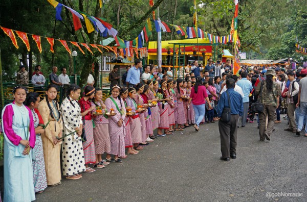 Dressed traditionally, womenfolk of the Bhutia and Nepalese Rai communities welcoming the travellers