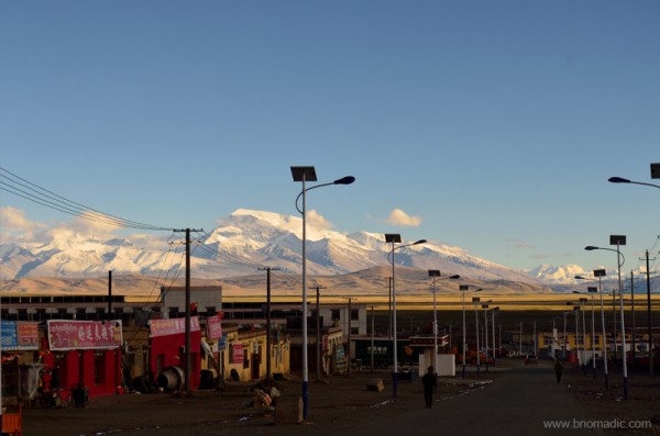 The glittering whale-backed snowy rock of Gurla Mandhata (7694m) as observed from Darchen street